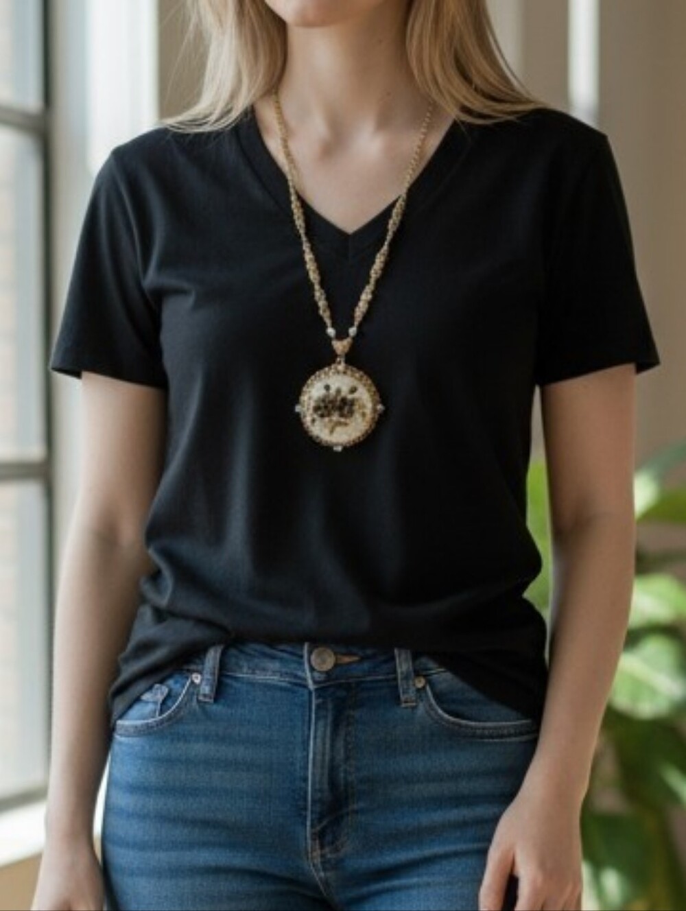 Gold-Tone Floral Enamel Pendant Necklace in Cream and Black & Pin